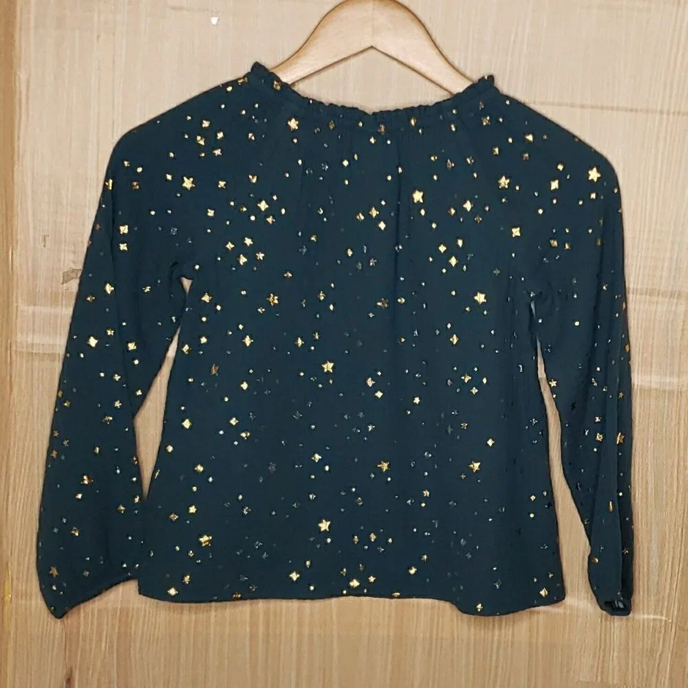 Cat & Jack Girls New Green Gauzy Long Sleeve Metallic Star Print Top 6-6X